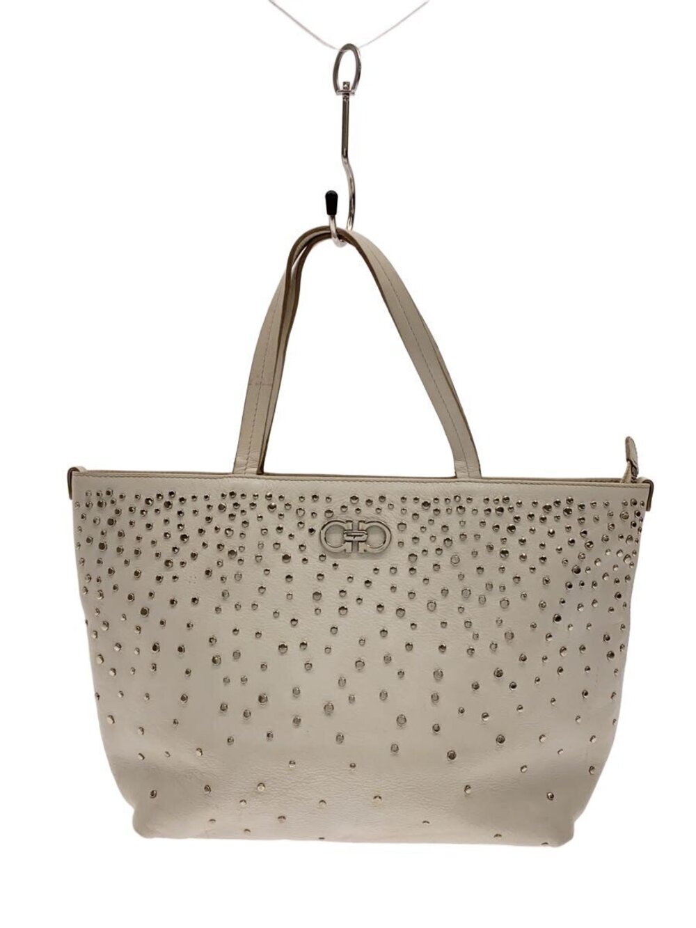 Salvatore Ferragamo Double Gancini Studded Tote Bag Leather White